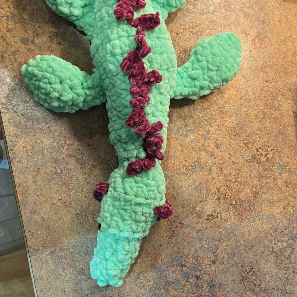 Plush Green and Red Dinosaur Toy hand crocheted. New.